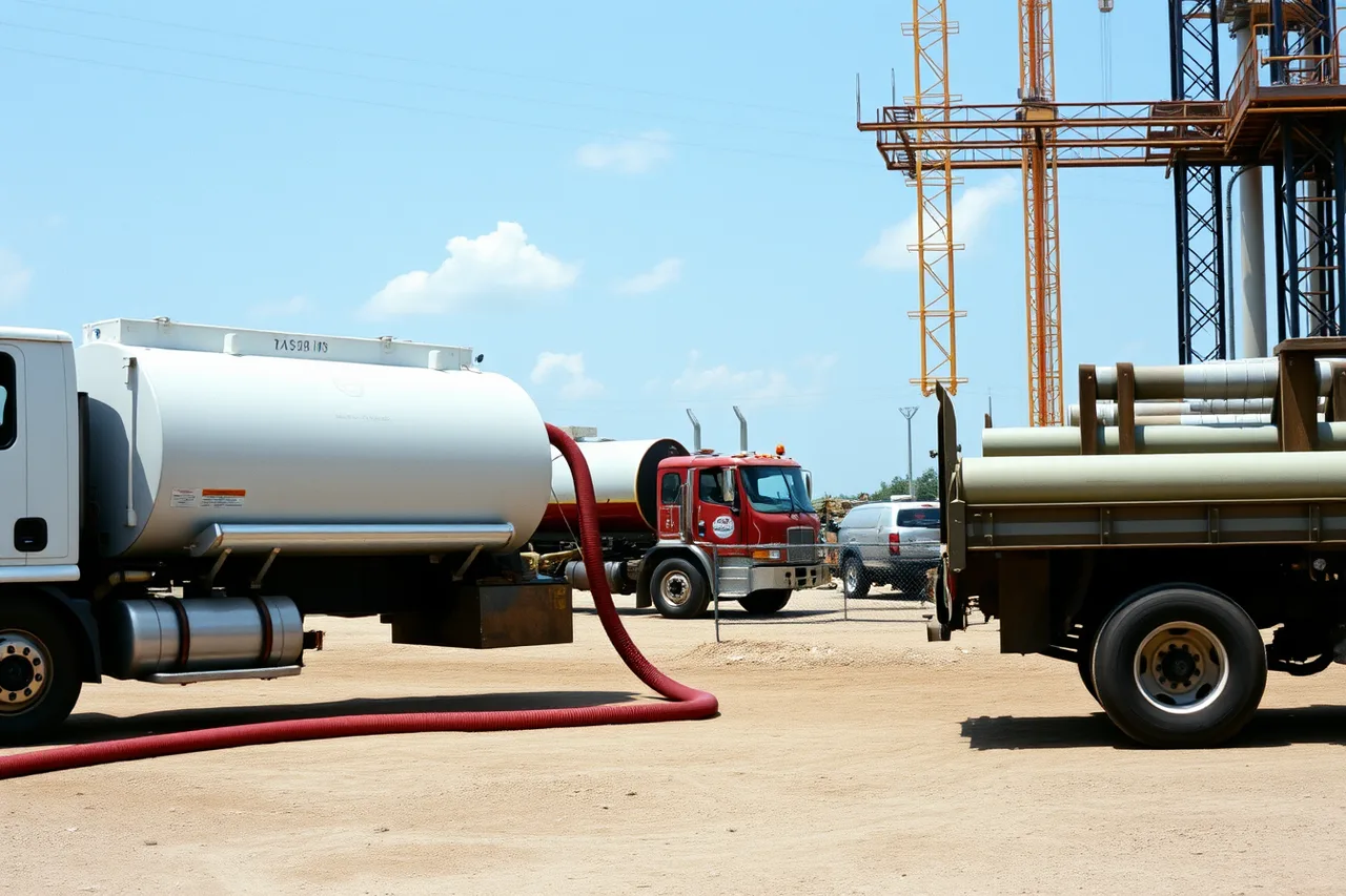 Fuel tanker refueling diesel truck at Houston construction site (Does a Houston net-30 vendor account report to Dun & Bradstreet?)